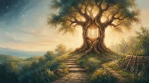 Painting of an ancient Tree of Life in a golden garden, with a glowing open Torah scroll in its branches and a stone path leading up to it.