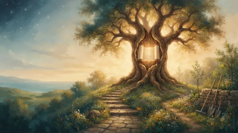 Painting of an ancient Tree of Life in a golden garden, with a glowing open Torah scroll in its branches and a stone path leading up to it.