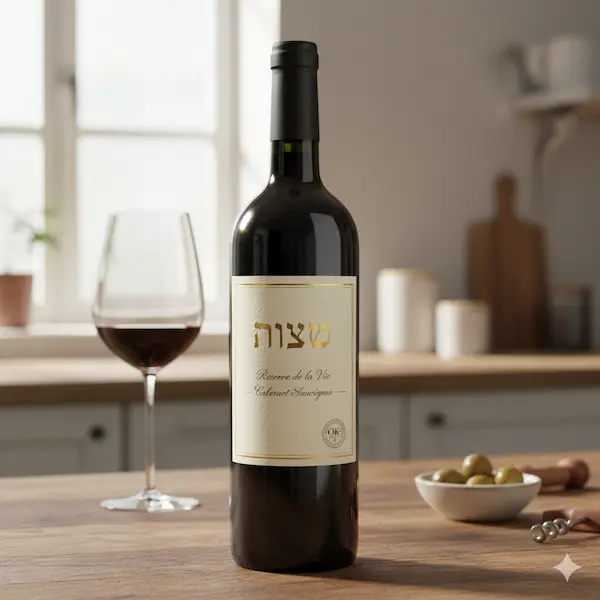 Certified kosher wine bottle with a visible kosher seal, used to illustrate the Halakha of Yayin Nesek and drinking wine as a guest