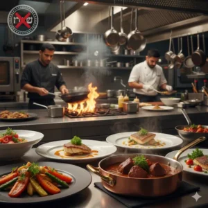 Cooked food in a non-Jewish kitchen, illustrating the Halakhic concept of Bishul Akum and its application in modern Kashrut