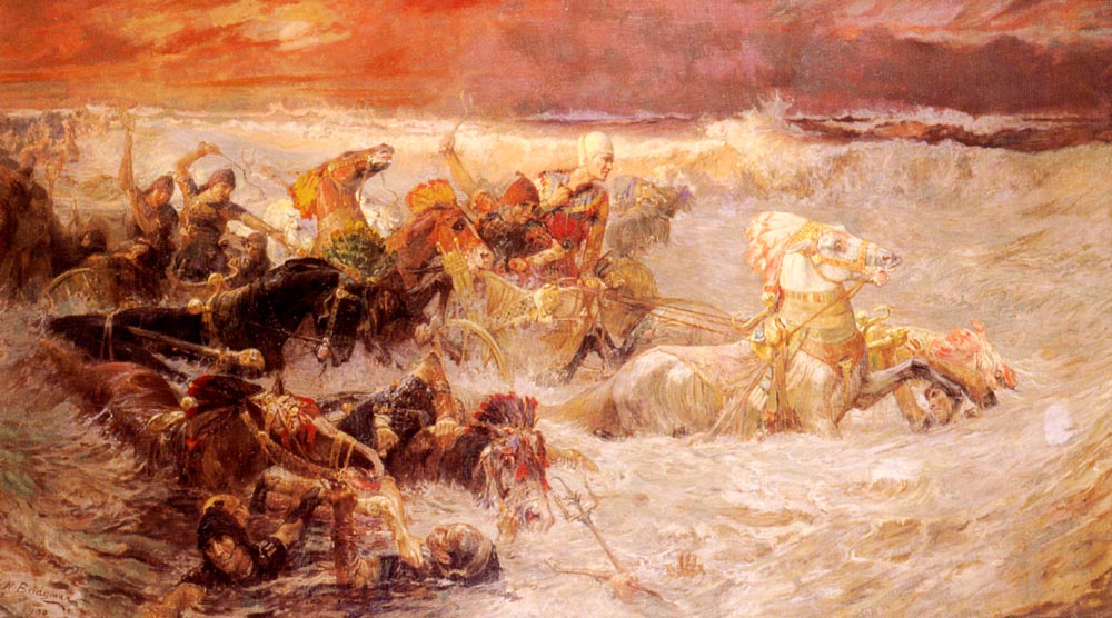 image Pharaoh's Army Engulfed by the Red Sea (1900 painting by Frederick Arthur Bridgman)