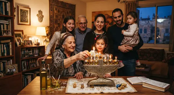 Sephardic family gathered around one traditional Hanukkah lamp, several generations participating in the lighting, Mediterranean Jewish home, warm candlelight, authentic documentary photography.