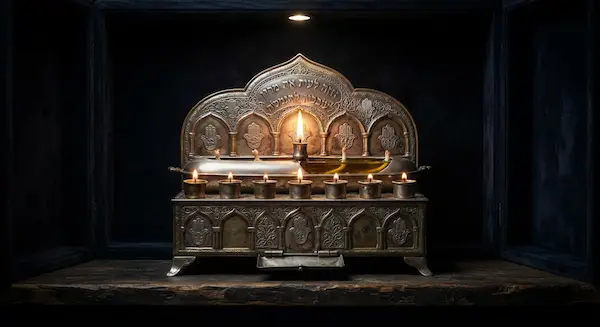 Traditional Moroccan or Syrian olive-oil Hanukkah lamp with visible oil reservoir and cotton wicks, warm flame, dark atmospheric background, museum-quality Jewish ritual object photography.