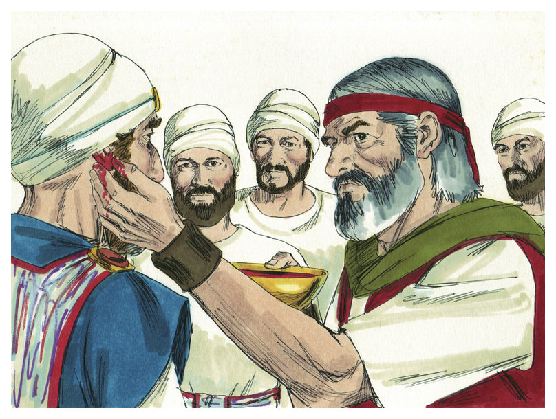 Illustration from a 1984 Bible story book, showing Moses putting blood on Aaron's right ear