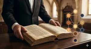 A minimalist conceptual image for authority and thought leadership. The forearms of a man in a sophisticated, dark suit and a crisp shirt rest upon an open, ancient Hebrew book with aged, calligraphic pages. This action implies a deep sense of responsibility and custodianship. Adjacent to the book on a dark wooden surface is a geometric, glowing abstract representation of the 10 Sefirot (Tree of Life), made of interconnected warm orbs. The depth of field blurs into a softly lit, dignified Sephardic synagogue interior, emphasizing the symbols of knowledge, tradition, and intellectual depth over personality. No wording is present on the image.