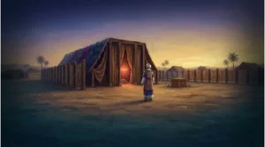 Tetzaveh: The Tabernacle courtyard at dusk, with the eternal lamp glowing and the High Priest in his jeweled breastplate.