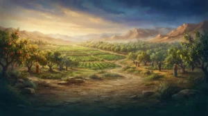 Bechukotai: Gentle rain falling over fertile green fields and orchards heavy with fruit.