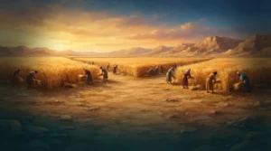 Kedoshim: The corners of a golden wheat field left unharvested for the poor, with gleaners gathering stalks at sunset.