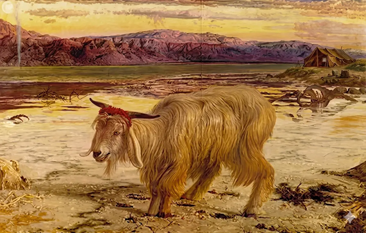 A detailed oil painting of the Scapegoat with a red thread tied around its horns, standing alone on the salt-crusted shores of the Dead Sea against a purple mountain backdrop at sunset.