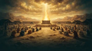 Shemini: Fire descending from the sky onto the altar as the people of Israel bow in awe.