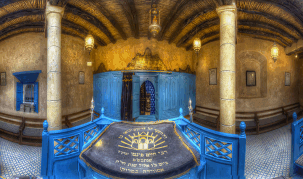 Sephardic-style synagogue interior in Morocco, showcasing traditional Jewish architecture and preservation efforts.