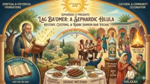Educational illustration of Lag Ba'Omer Sephardic traditions: Rabbi Shimon bar Yochai studying the Zohar, a Halakah haircut ceremony, a Hilula Mahia auction, and a festive holiday grill meal.