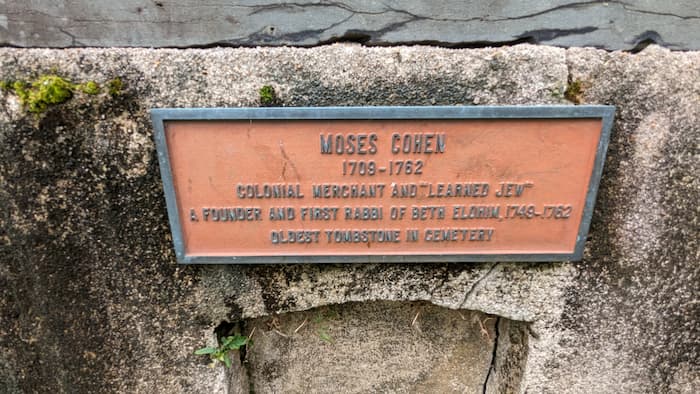 Tombstone of Moses Cohen 1709-1762 The oldest grave in Coming Street Cemetery, Charleston. South Carolina.