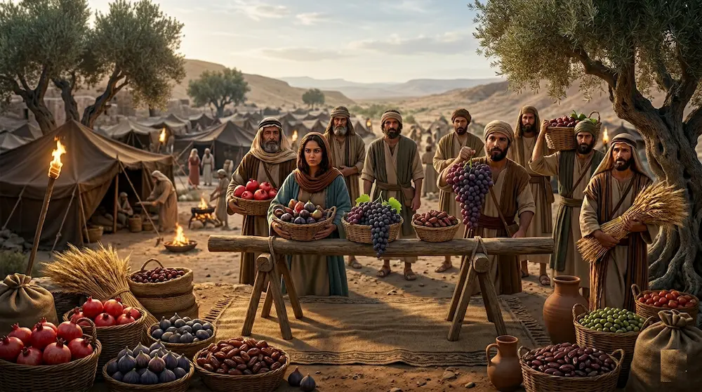 A photorealistic panoramic scene depicting the Twelve Spies of Parashat Shelach returning to the Israelite camp in the wilderness. Twelve men in biblical attire stand behind a rustic wooden table laden with various baskets overflowing with fresh fruits of Canaan, including pomegranates, figs, dates, olives, and two large clusters of purples grapes. One spy in the center holds up a large cluster of grapes on a staff. Another spy on the right holds a large sheaf of harvested grain. The background shows a vast, rocky desert encampment with numerous tents and a few small fires, under a clear sky. Gnarled olive trees frame the foreground.