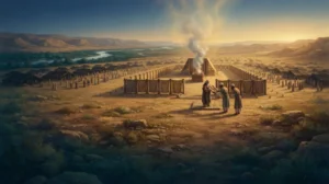 Vayelech: Moses handing a Torah scroll to the priests before the Tabernacle on the plains of Moab, with the Jordan beyond.