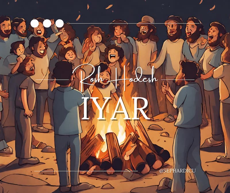 Rosh Hodesh Iyar Jews standing around a bonfire for Lag BaOmer