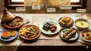A Mediterranean map table spread with diverse Sephardic cuisine dishes, showing the regional influences and variations described in the article.
