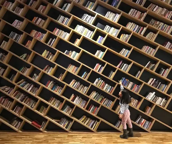 an image of a large library of books, documents with a child in front of it