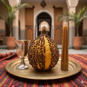 Clove-studded etrog next to a Havdalah candle and a Gefen cup