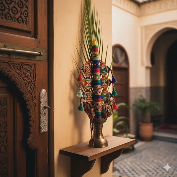 lulav in a decorative vase on a shelf, positioned next to a mezuzah by a door