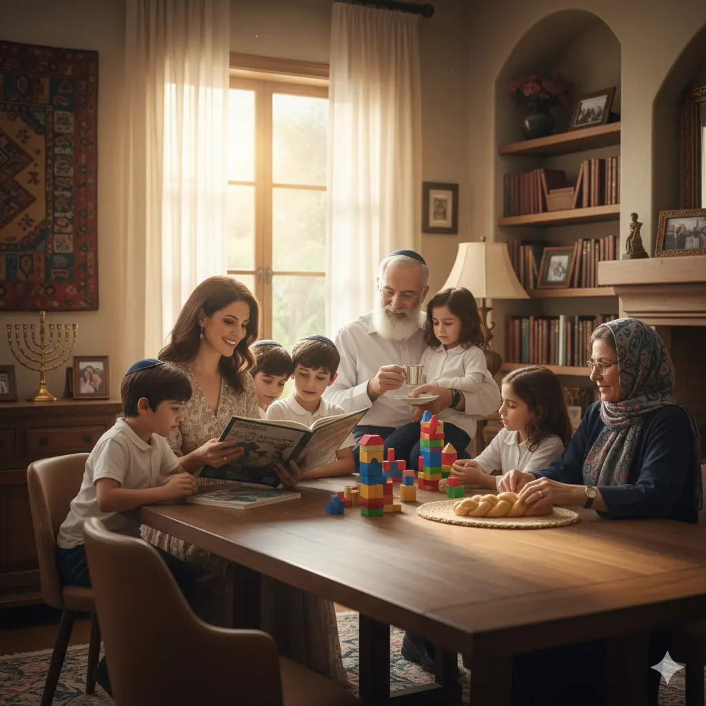 Jewish family scene illustrating child-rearing, education, and cultural traditions reflecting Sephardic and Ashkenazi parenting differences.