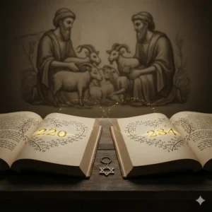 Opened books showing the numbers 220 and 284 with golden, intertwining mathematical symbols, representing the amicable pair. In the background, there is a faded mural illustrating the biblical meeting of Jacob and Esau with Jacob's gift of goats.