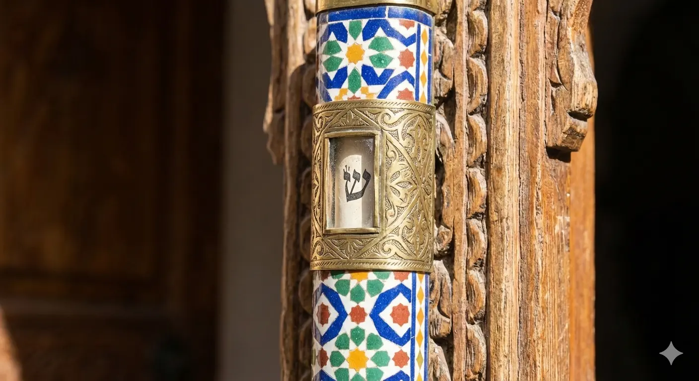 Step-by-step guide showing how to affix a Sephardic mezuzah vertically on a wooden doorpost, including marking the position, inserting the scroll, and securing the case.