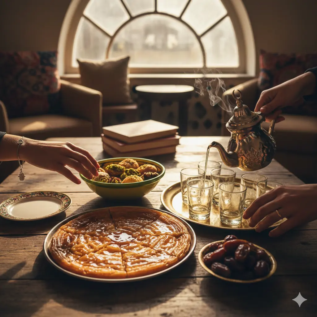 A warm, cinematic close-up of a rustic wooden table featuring Sephardic and Middle Eastern foods, including honey-drizzled mufleta, baklava, and dates. A silver Moroccan mint tea pot pours tea into small glasses as two people—one wearing a Hamsa pendant—reach toward the shared platter in golden sunlight.