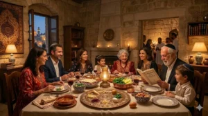 Moroccan family sitting at Passover seder in Jerusalem enjoying Sephardic cuisine.