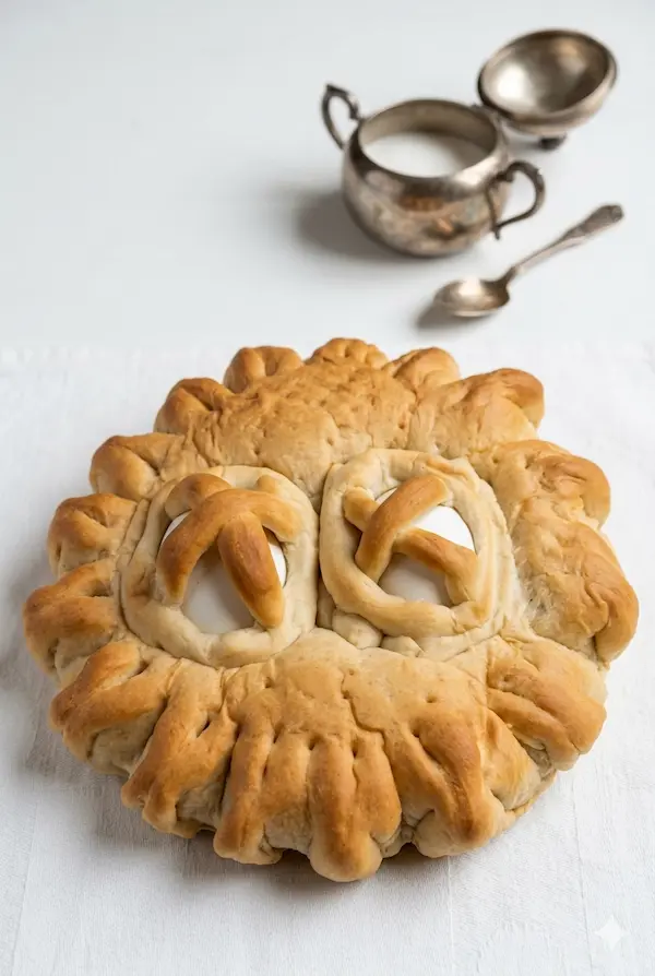 A portrait shot of a rustic, braided Boyosa bread featuring baked-in eggs, set beside a small bowl of fresh eggs and a silver tea kettle on a wooden surface.