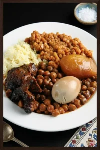 A portrait view of a hearty Dafina stew served in a white bowl, featuring tender meat, whole chickpeas, and a whole egg, set against a dark, moody background.