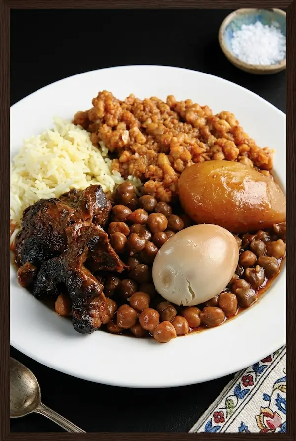 A portrait view of a hearty Dafina stew served in a white bowl, featuring tender meat, whole chickpeas, and a whole egg, set against a dark, moody background.