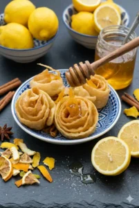 A portrait close-up of Fijeula pastries in a traditional blue and white patterned bowl, drizzled with honey, surrounded by fresh lemons and cinnamon sticks on a dark background.