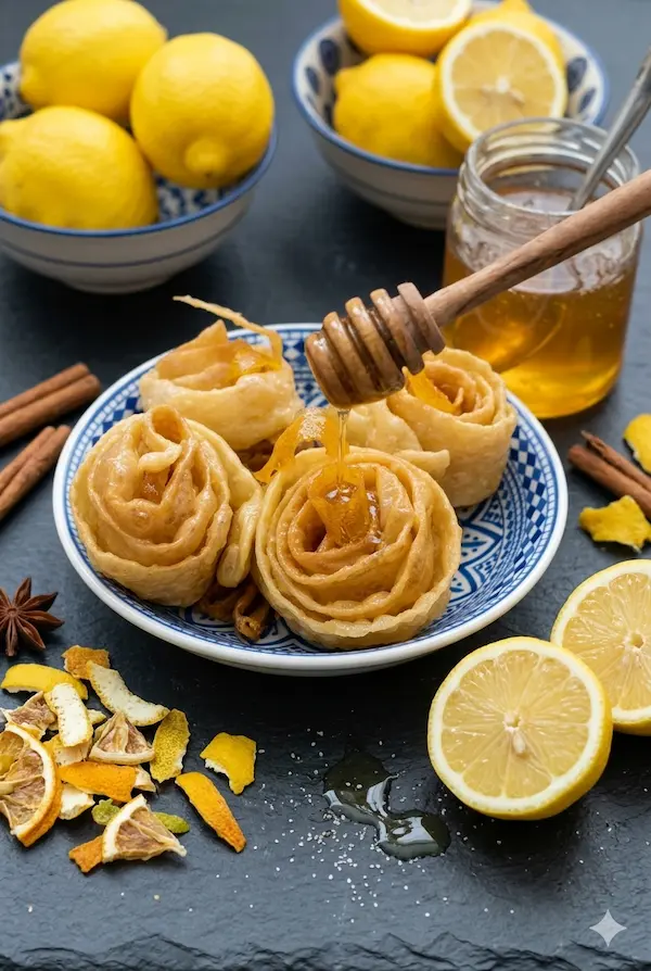 A portrait close-up of Fijeula pastries in a traditional blue and white patterned bowl, drizzled with honey, surrounded by fresh lemons and cinnamon sticks on a dark background.