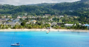 the Jamaican shoreline with green blue seas