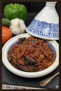 A portrait close-up of a rich, red Matbucha stew served in a traditional blue and white tagine, with fresh tomatoes and garlic in the background.