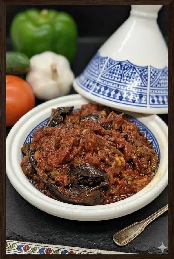 A portrait close-up of a rich, red Matbucha stew served in a traditional blue and white tagine, with fresh tomatoes and garlic in the background.