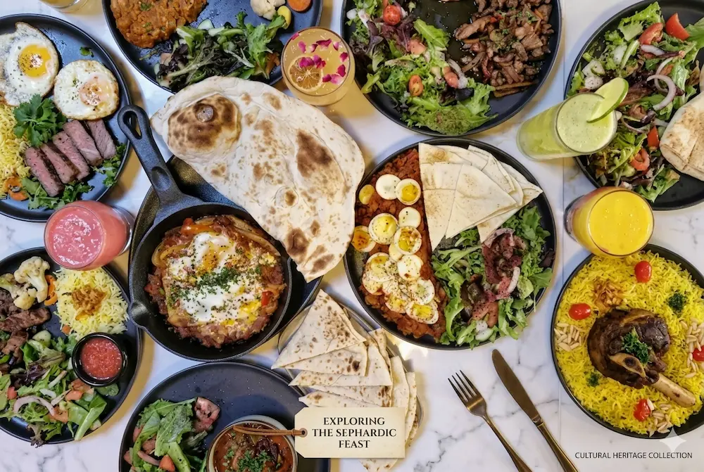 Top-down view of traditional Sephardic cuisine featuring diverse Mediterranean and Levantine dishes, including shakshuka, lamb shank, fresh salads, and flatbread.