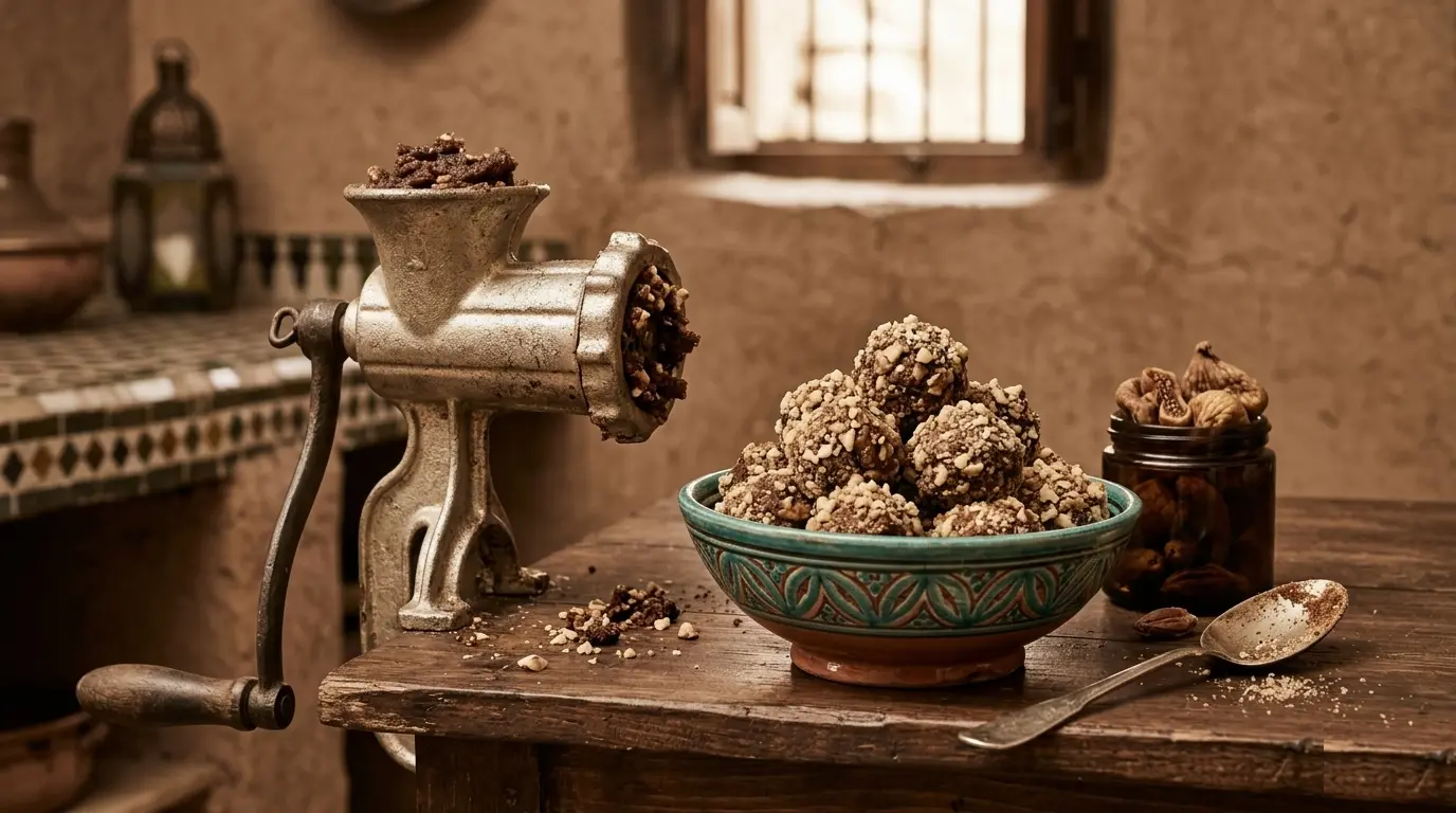 Traditional Moroccan Sephardic Charoset prepared with a vintage hand-crank grinder on a rustic wooden kitchen table.