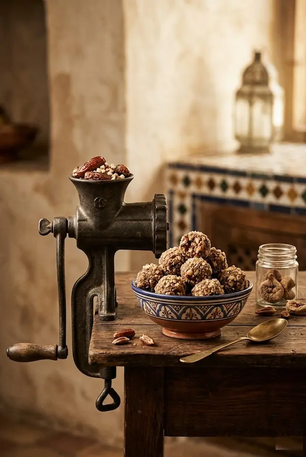 Traditional Moroccan Sephardic Charoset prepared with a vintage hand-crank grinder on a rustic wooden kitchen table.