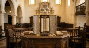 An open, ornate silver and gold Sephardic Torah case (Tik) reveals the parchment scroll and Hebrew calligraphy on a hexagonal wooden Bimah, resting with a silver Yad pointer and prayer books in a historic synagogue.