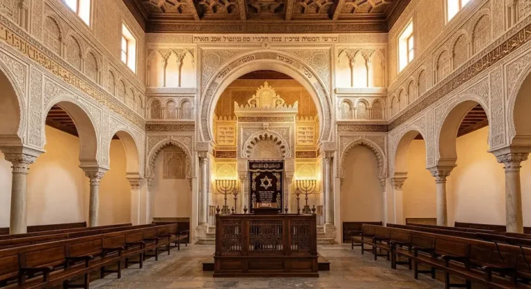 interior of the historic El Transito Synagogue in Toledo, Spain, featuring the ornate Mudéjar architecture