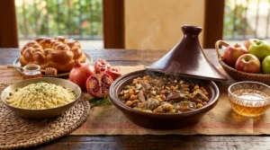 A traditional Moroccan tagine filled with savory lamb, chickpeas, and raisins, served with a bowl of couscous, braided challah bread, honey, apples, and pomegranates for Rosh Hashanah.
