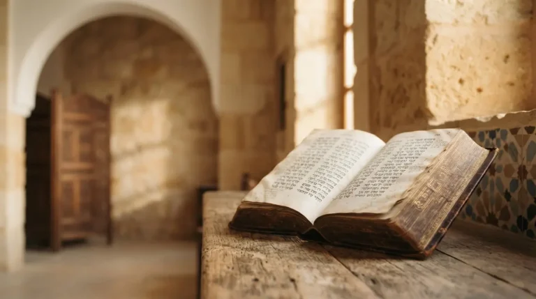 Open Hebrew Book of Tehillim (Psalms) with Sephardic-inspired Mediterranean setting