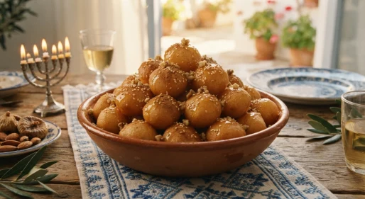 Small golden lokomades dough balls with honey