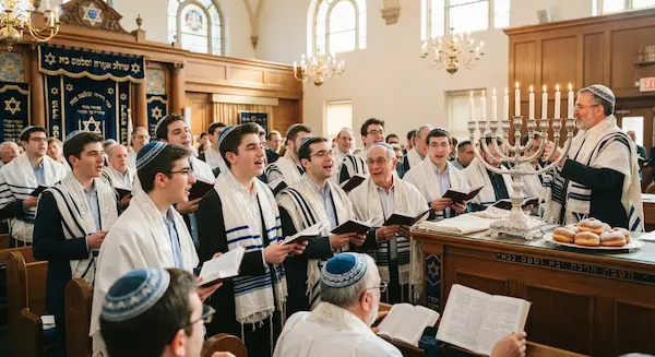 Prayer book in a synagogue on a Hanukkah morning, with a Hanukkah lamp in the background