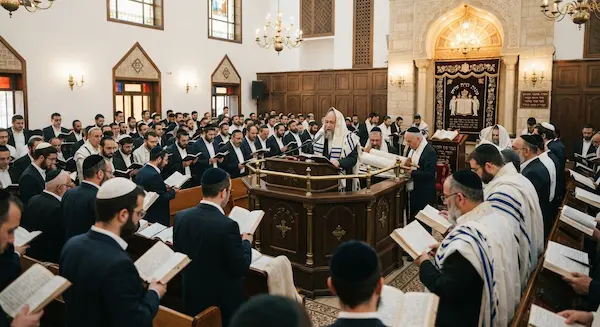 Sephardic congregation of several generations reciting Hallel in a traditional synagogue