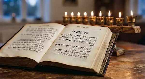 Sephardic prayer book open to Al HaNissim beside a lit Hanukkah lamp