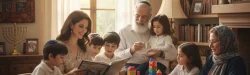 Jewish family scene illustrating child-rearing, education, and cultural traditions reflecting Sephardic and Ashkenazi parenting differences.